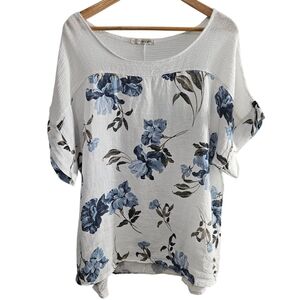LUNGO L'ARNO Top Blue White Floral Linen Blouse Made in Italy Cottagecore